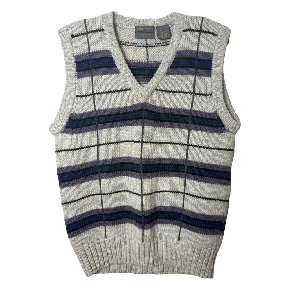 Vintage 80s Wool Sweater Vest Men’s Size Small Grey Stripe Check